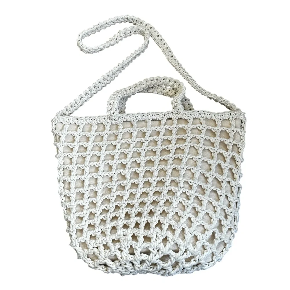 Madewell White Crochet Knit Shoulder Bag Crossbody Boho Beach Coastal Travel - Picture 6 of 7